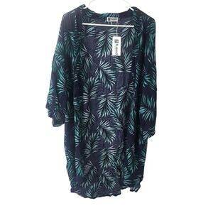 Fused Navy & Green Leaves Short Sleeve Open Top - One Size - NEW